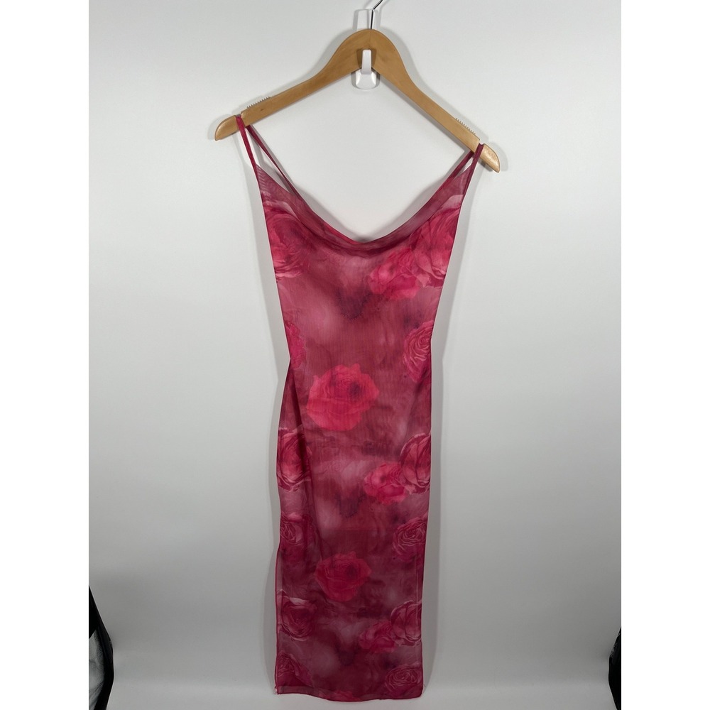 Y2K Womens‎ Cowl Neck Maxi Dress S Fuchsia Pink Floral Slit Homecoming Hoco